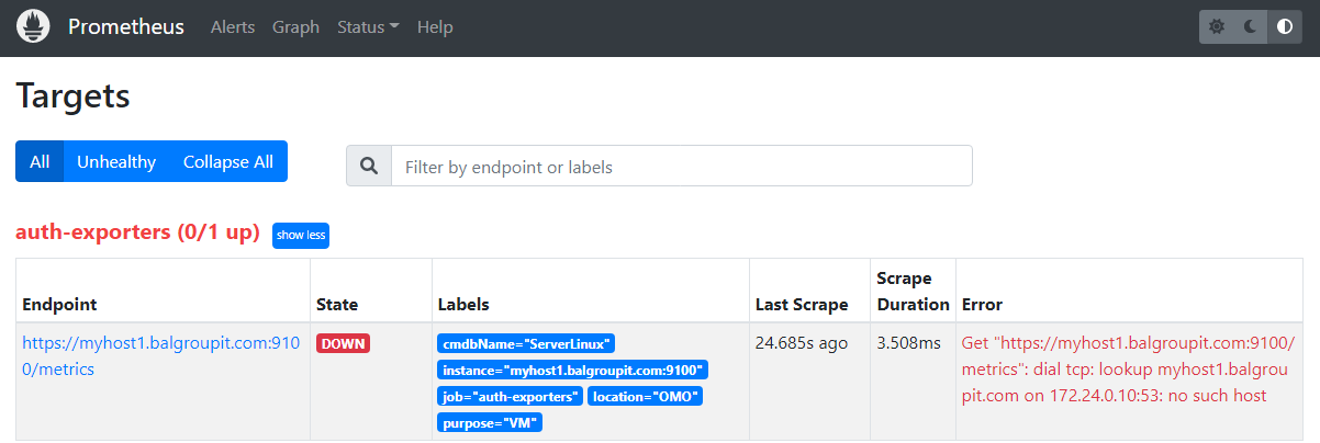 Prometheus UI - Target Down